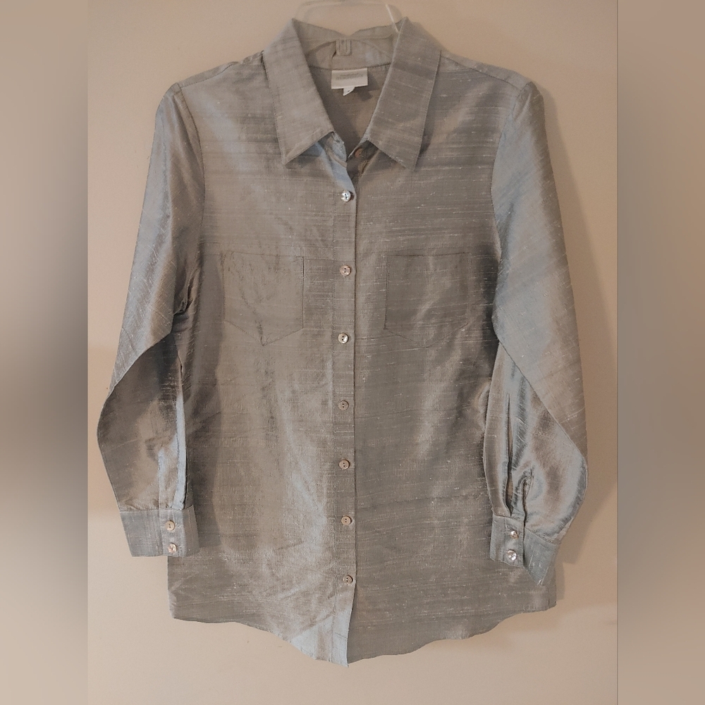 Linda BERTOZZI Stylish Silver/Gray Button-Up Shirt Slubbed Fabric Size 2 XS